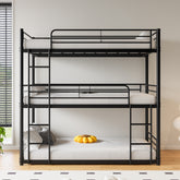 Triple Twin Bunk Bed Frame, Metal with Guardrail, Black